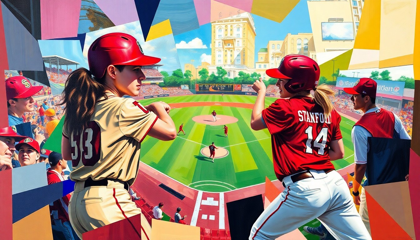 A cubist, multi-angled painting featuring sharp planes of bright red, gold, and cardinal red, capturing the dynamic action and competitive spirit of a high-stakes college softball game.