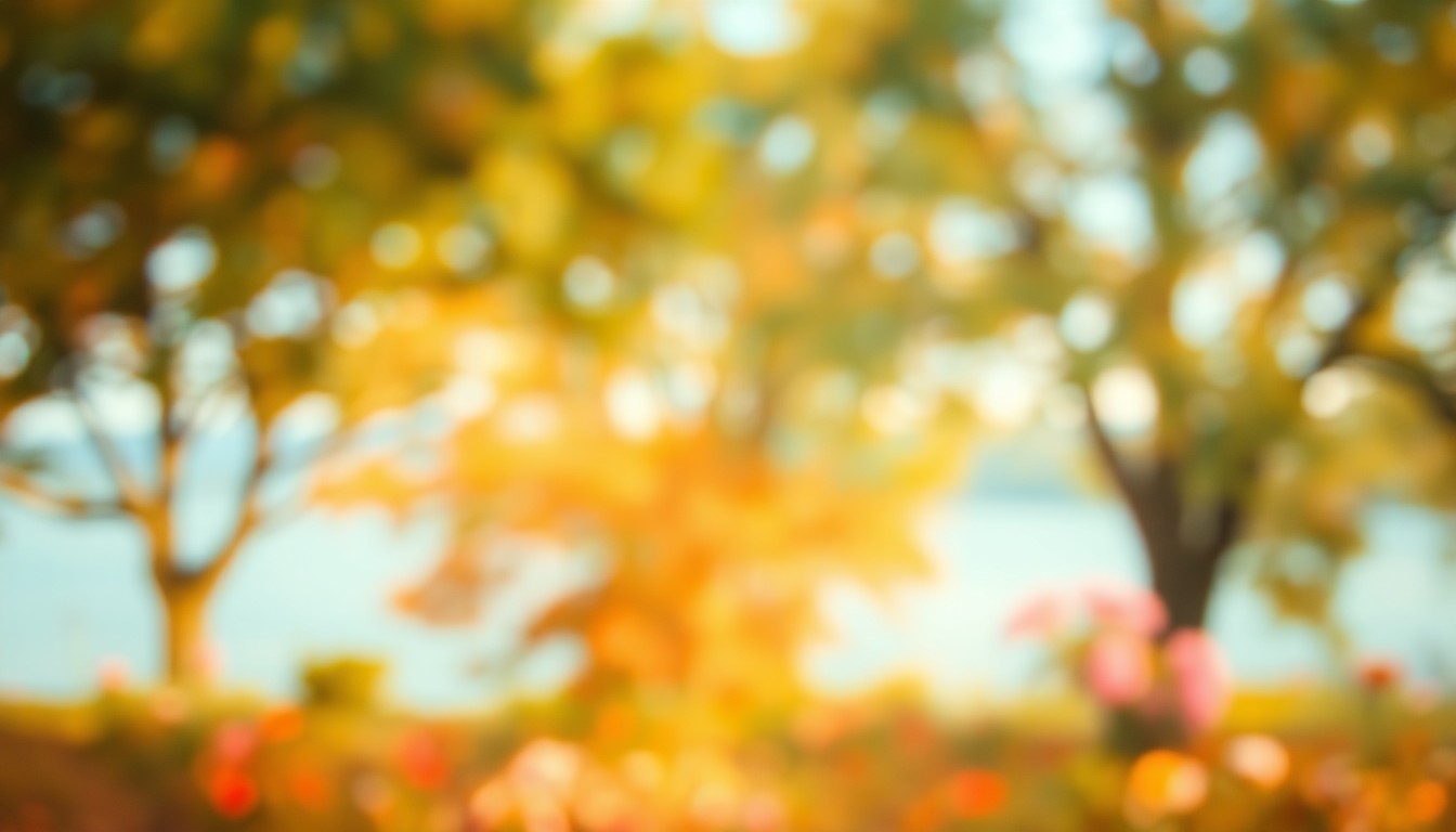 An extremely abstract, out-of-focus photograph in soft, warm tones depicting a blurred, dreamlike landscape of natural elements like trees, flowers, and bodies of water, conveying a sense of tranquility and connection to the natural world.
