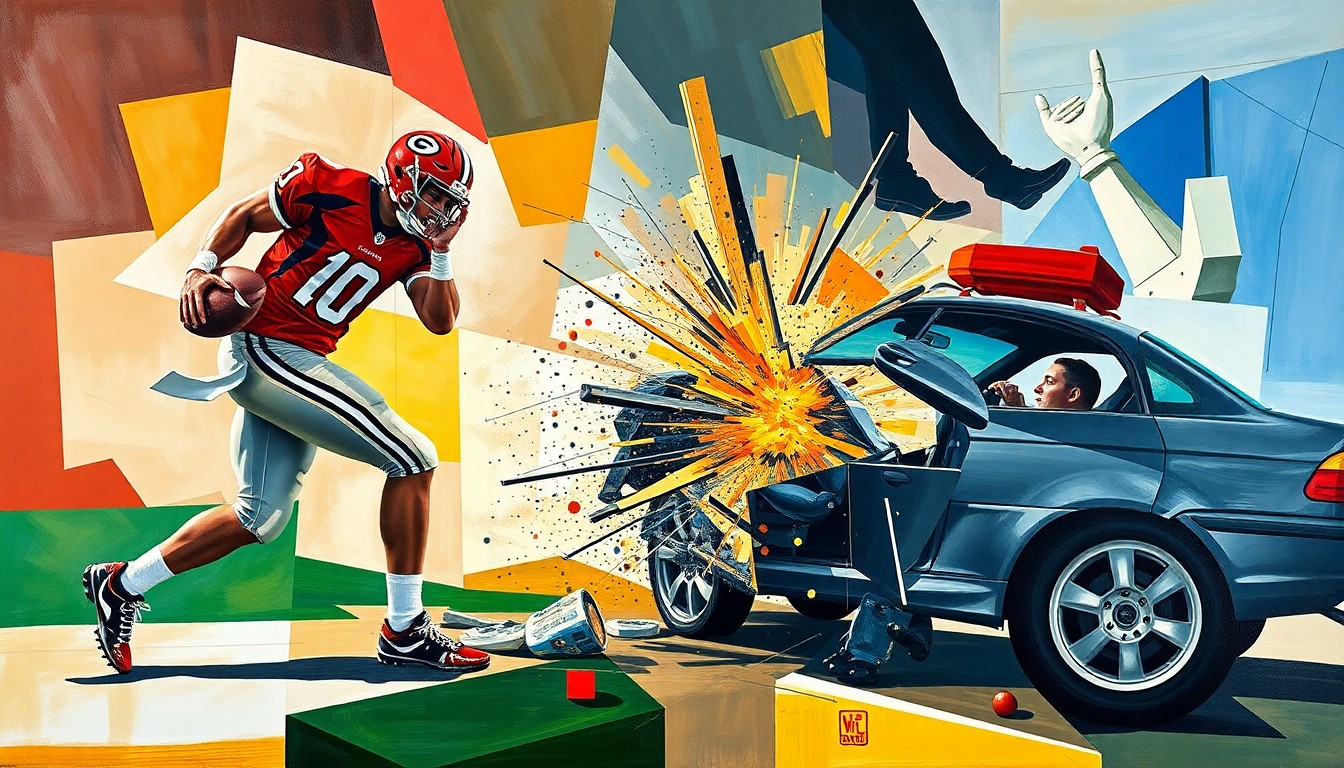 A cubist-style painting depicting a fragmented, geometric interpretation of a football player and a car crash, representing the complex issues surrounding the Falcons' star player's legal troubles.