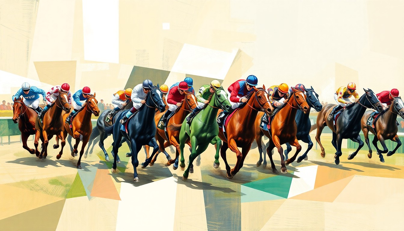 A cubist-style painting depicting a fragmented, geometric representation of a horse race, with overlapping shapes and planes suggesting the motion and energy of the event.