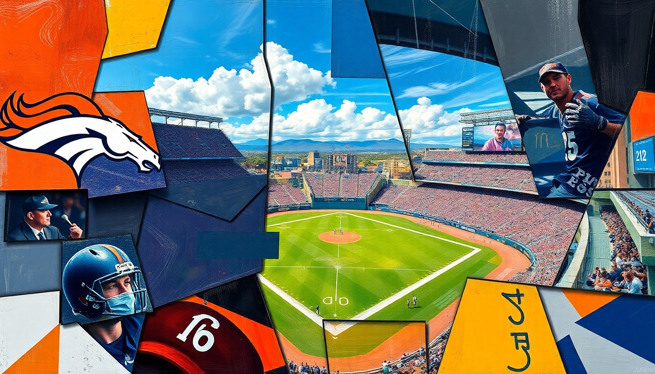 A cubist-style painting depicting a baseball game or match, with the players and field broken down into sharp, overlapping geometric shapes in a vibrant color palette, conveying the dynamic energy and strategic thinking behind the Penners' sports ownership moves.
