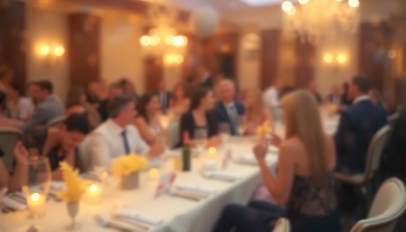 An abstract, impressionistic scene of blurred figures dining and dancing at a formal event, captured in a hazy, dreamlike wash of soft pastel colors and gentle light.