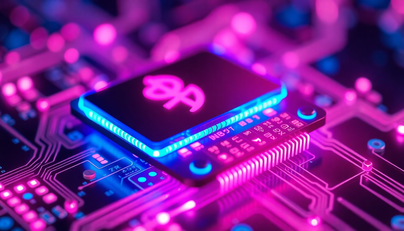 A highly detailed, glowing 3D illustration of a Bluetooth wireless module or chip, with intricate circuitry and components illuminated by vibrant neon lights, conveying the complex and interconnected nature of modern wireless technology.