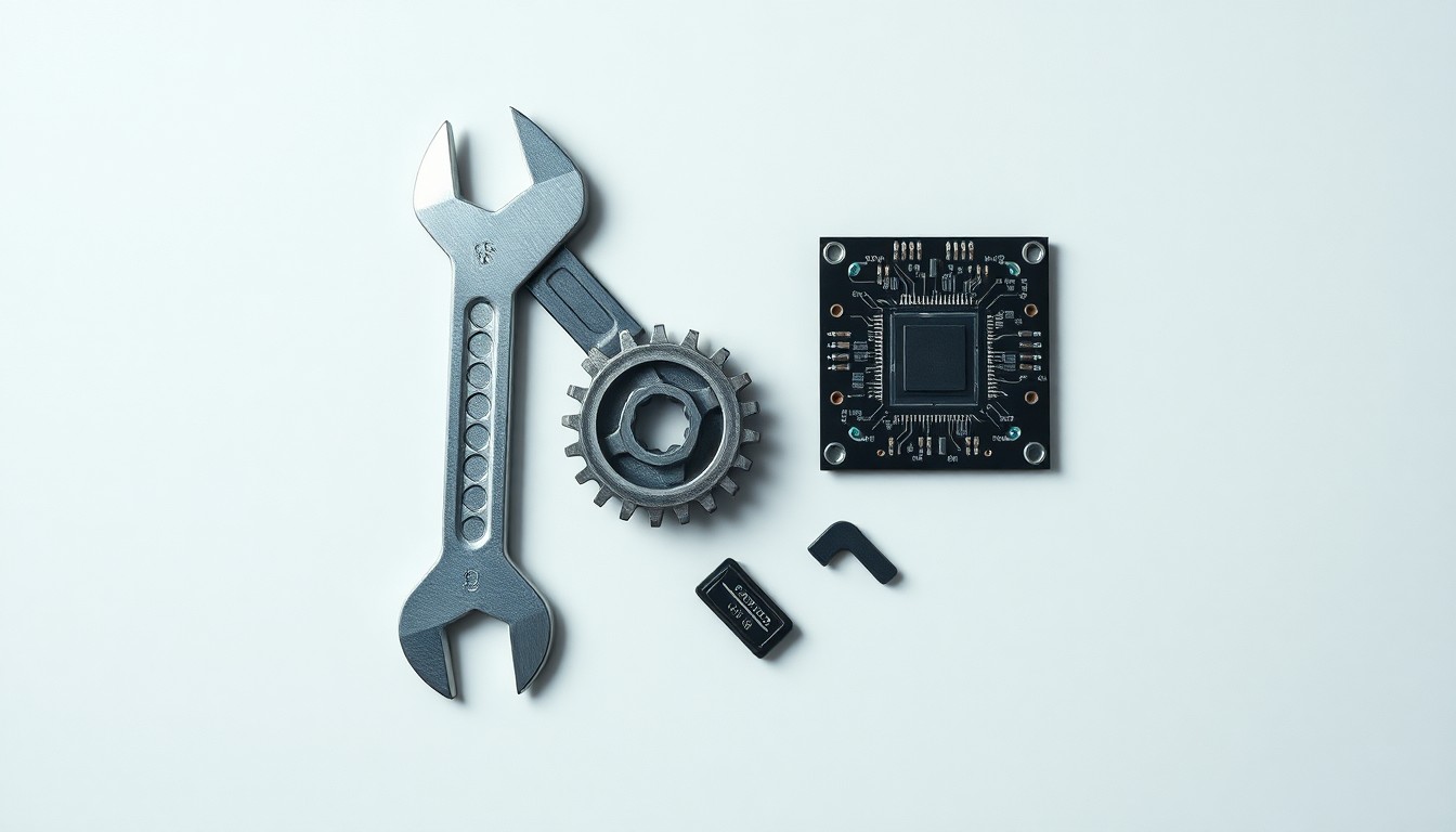 A high-end, photorealistic studio still-life photograph featuring a neatly arranged composition of industrial tools and equipment, including a wrench, a gear, and a circuit board, all placed on a clean, monochromatic seamless background, conceptually representing the evolving nature of the industrial sector.