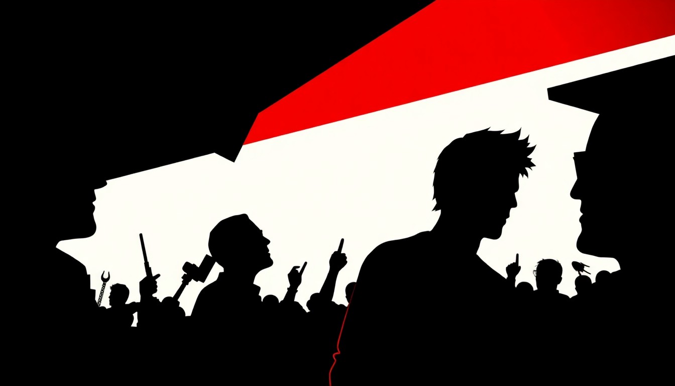 A striking abstract composition of jagged geometric shapes and bold black silhouettes in high-contrast red and white, conceptually representing the manic energy and power struggles of Silicon Valley tech leaders.