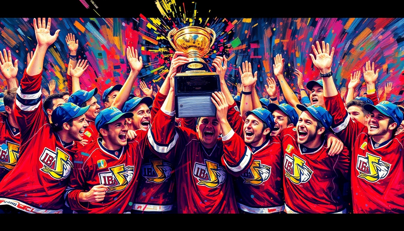An abstract, expressionist painting in vibrant neon colors depicting the unbridled celebration of the University of Denver men's hockey team winning their 11th national championship, with players' faces and jerseys dissolved into unrecognizable splatters of color.