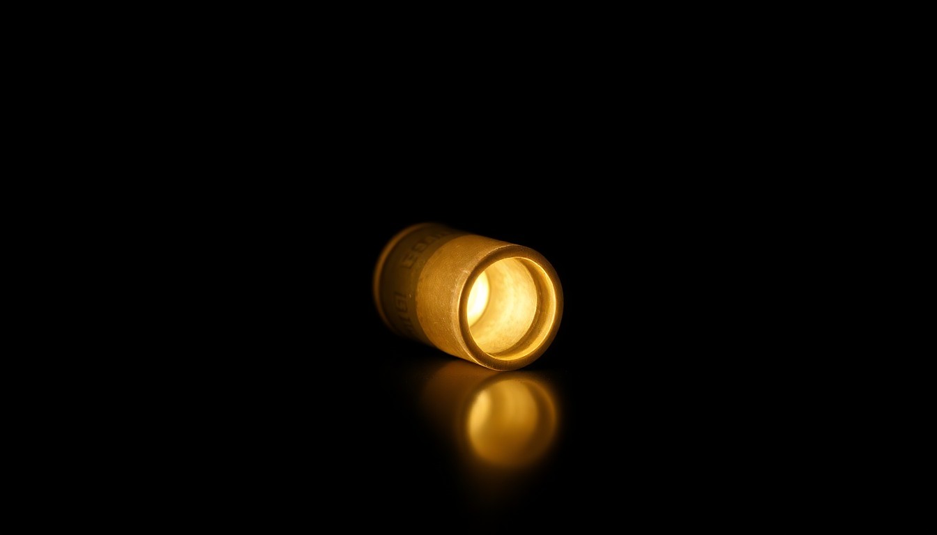 An extreme close-up of a shiny metal shell casing against a pitch-black background, creating a stark, gritty visual that conceptually represents the investigation of a firearm-related crime.