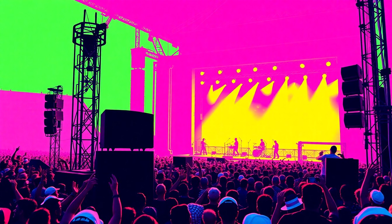 A brightly colored, high-contrast silkscreen print depicting an abstract, repeating pattern of an outdoor concert stage, speakers, and crowd, rendered in a bold, neon color palette that captures the energy and celebratory spirit of the Levitt AMP concert series in Fort Smith.