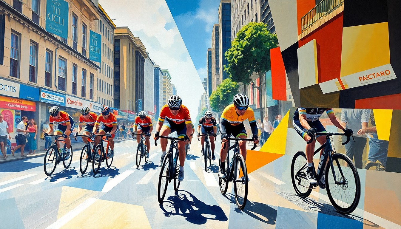 A cubist, geometric painting depicting a paracycling race scene, with sharp, overlapping planes of color representing the athletes, their bikes, and the surrounding city streets.
