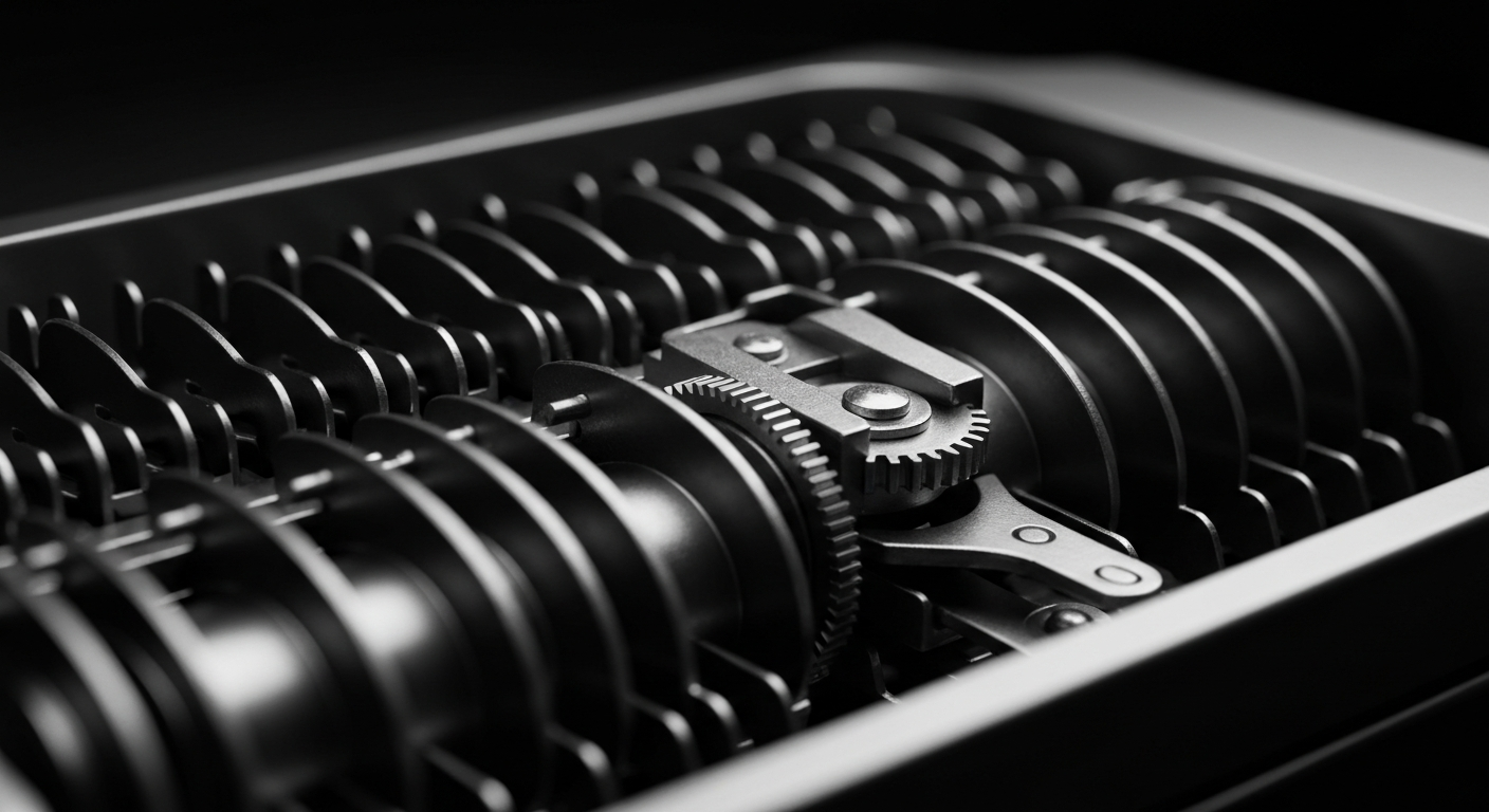 An extreme close-up photograph of the inner workings of a high-end cash register or point-of-sale terminal, with gears, circuits, and metallic components dramatically lit against a dark background, conceptually representing the financial infrastructure supporting Genesco's retail business.