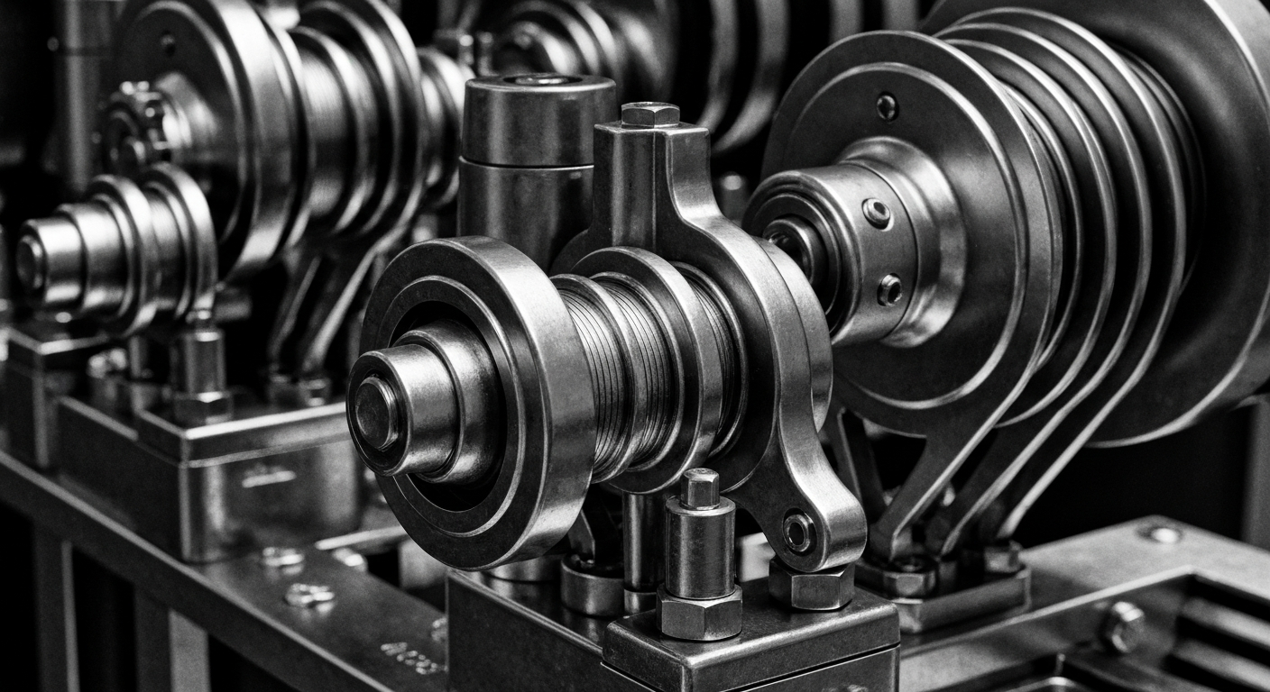 A high-contrast, close-up black and white photograph of the complex gears, levers, and mechanisms of an industrial banking machine, conveying the secure, powerful infrastructure of the financial industry.