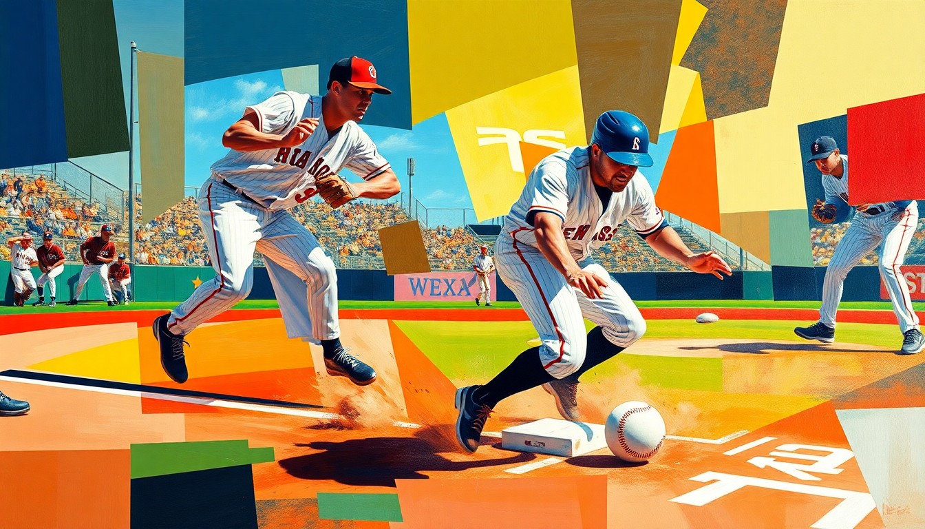 A fragmented, geometric painting depicting a baseball player sliding into a base, the scene broken down into overlapping planes of bright team colors and the diamond's dirt and grass.