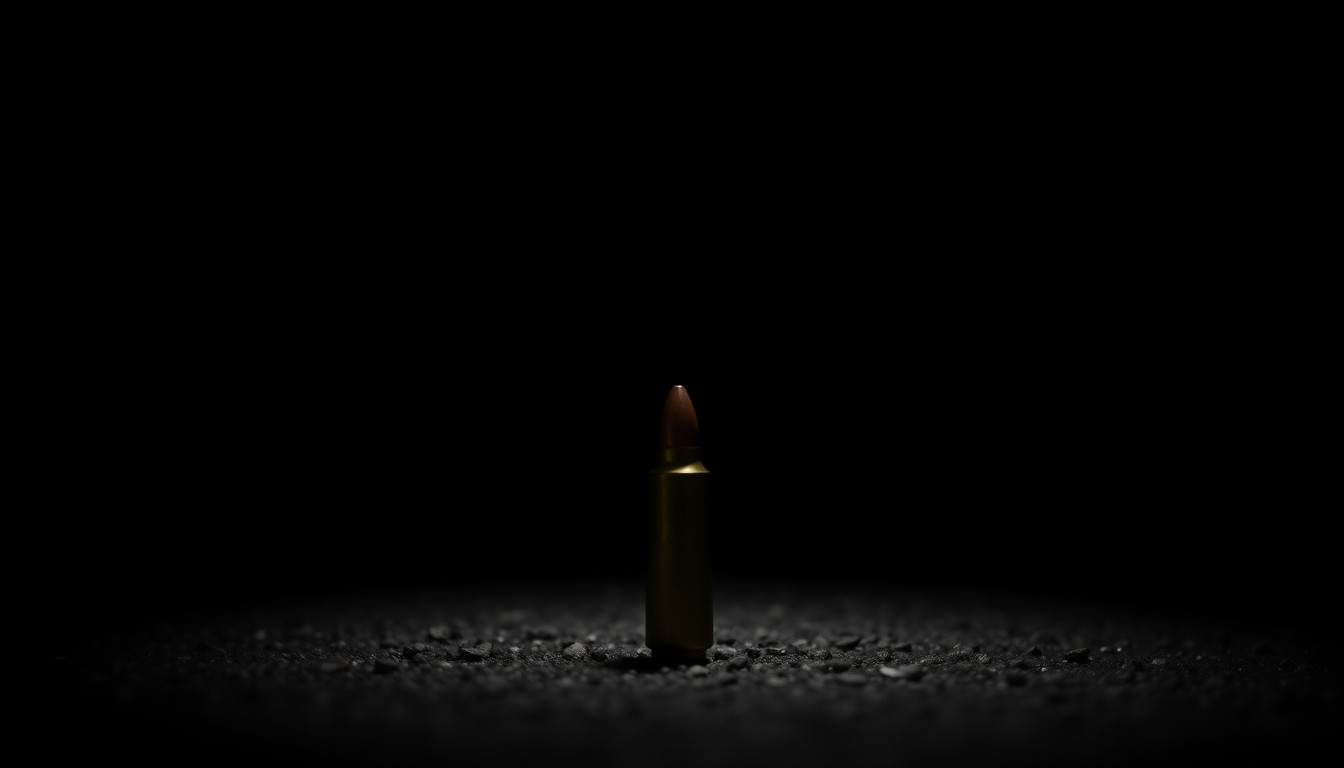 An extreme close-up photograph of a single spent bullet casing on the ground, the harsh flash creating dramatic shadows and highlighting the metallic texture of the shell.