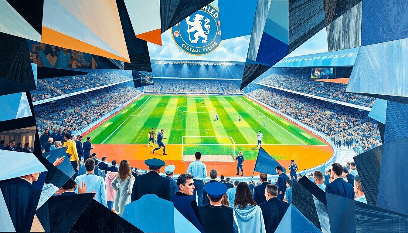A fragmented, geometric painting depicting a Premier League football match between Chelsea and Manchester City, with sharp, overlapping planes of color and form capturing the intensity and complexity of the game.
