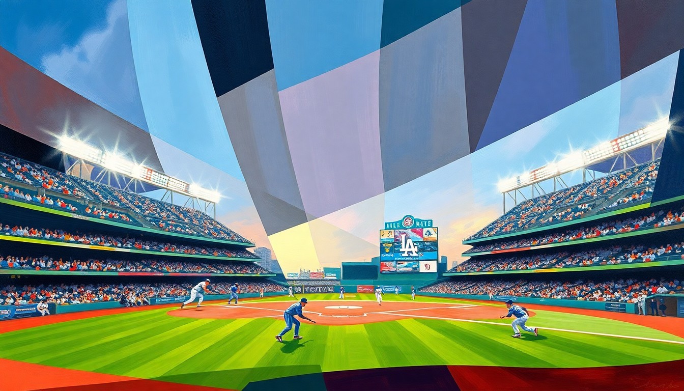A cubist, geometric painting depicting a baseball game between the Texas Rangers and Los Angeles Dodgers, with the players and field abstracted into angular shapes and planes of color, capturing the intensity and energy of the matchup.