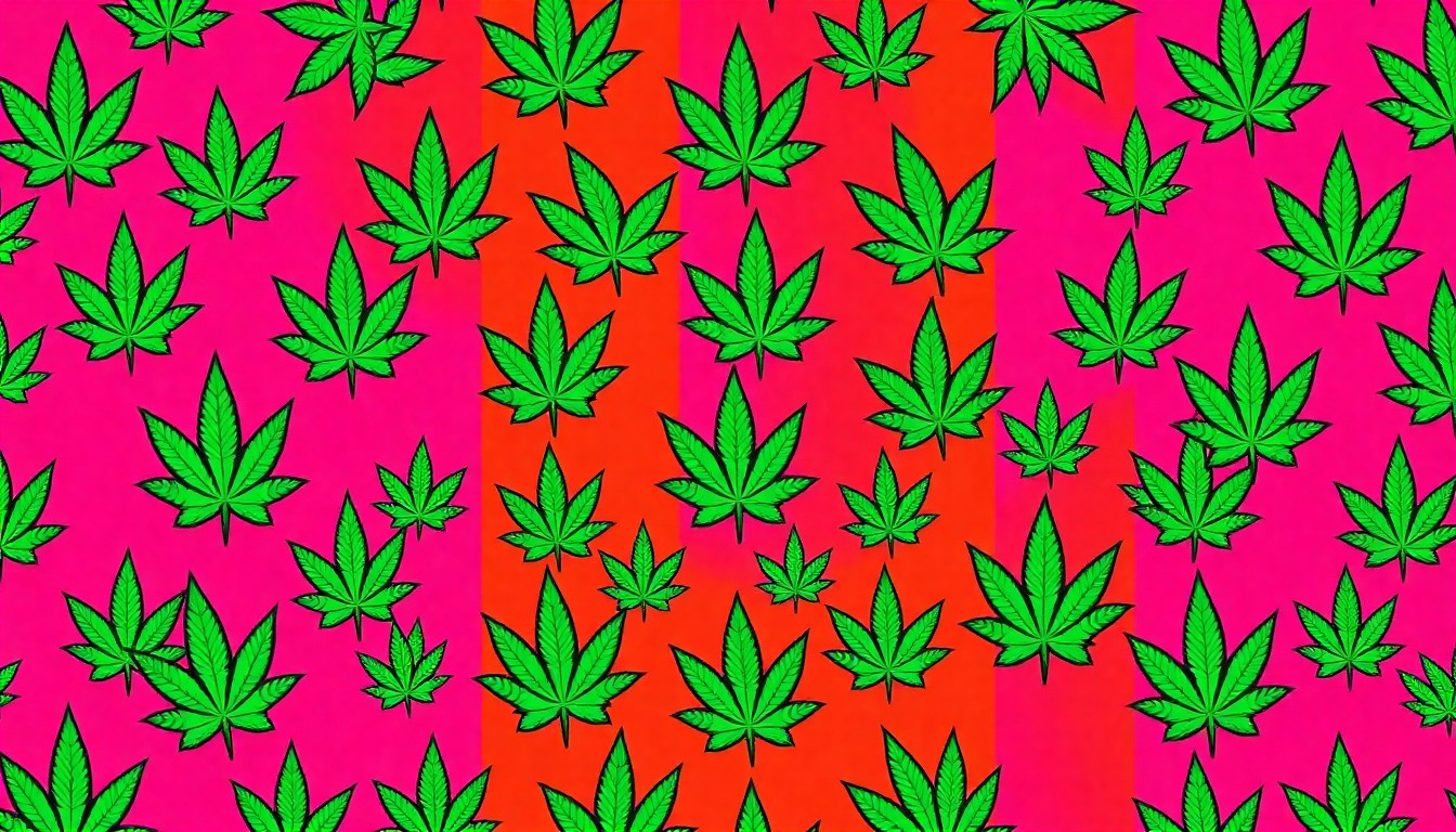 A boldly colored, abstract grid of medical cannabis leaf icons rendered in a high-contrast, silkscreen pop art style, conceptually representing the launch of Alabama's new medical marijuana program.