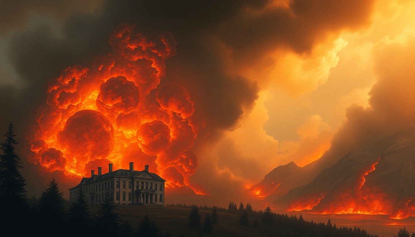 A dramatic, atmospheric landscape painting depicting a historic building being consumed by a massive, towering fire, conveying the overwhelming power of the natural elements.