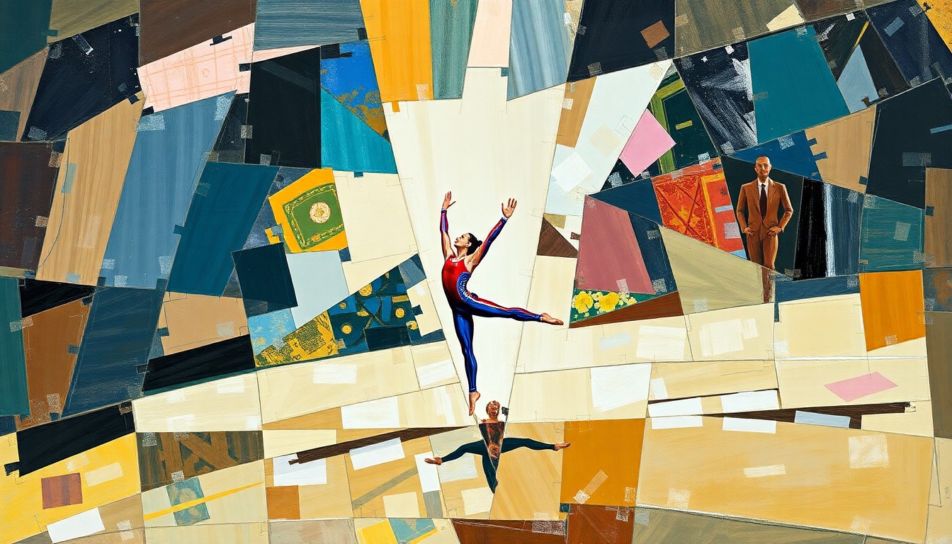 A fractured, geometric painting depicting a gymnast in motion, with overlapping planes and sharp angles representing the dynamic energy and skill of the sport.