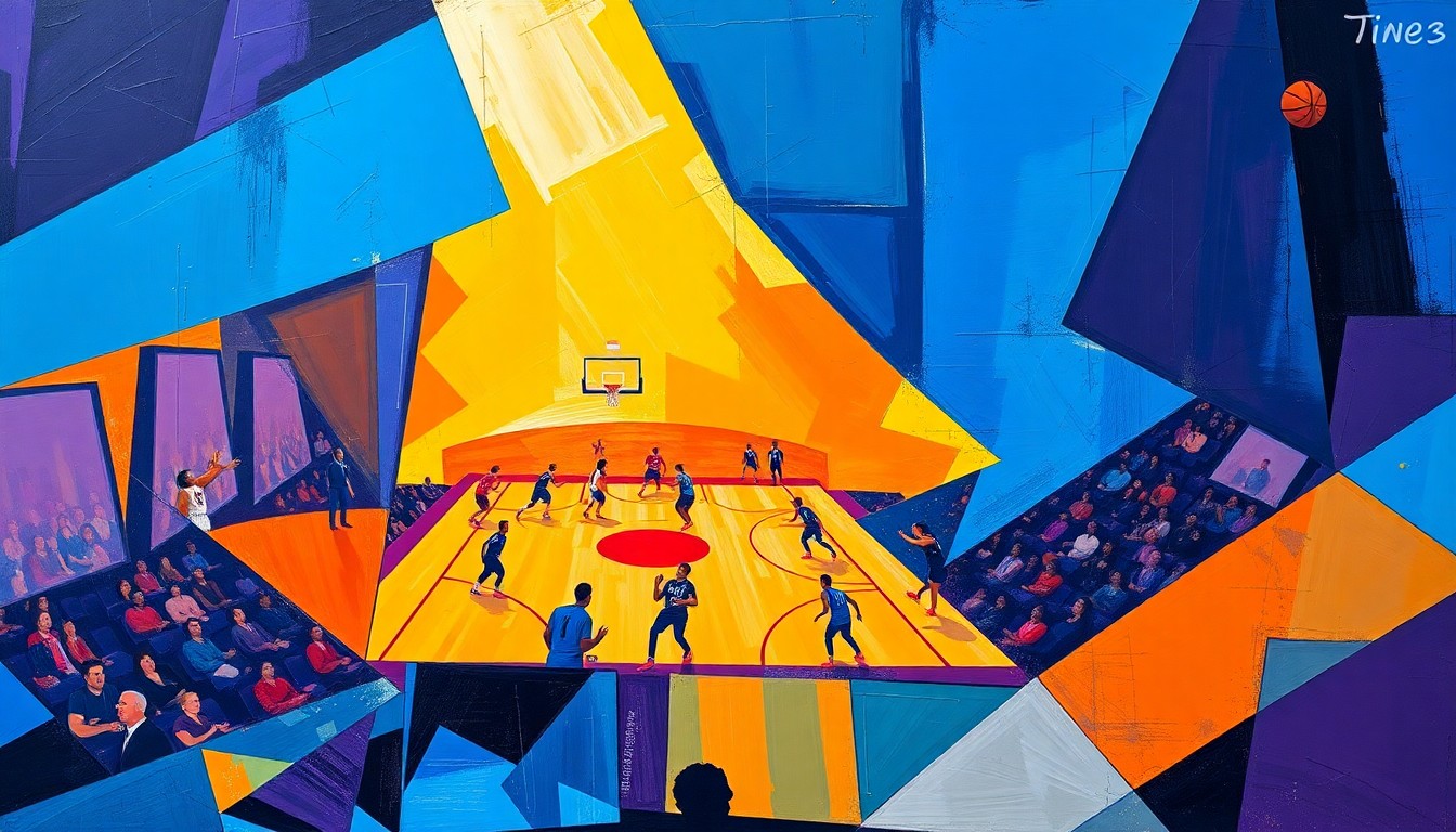 A cubist, geometric painting depicting fragmented, overlapping shapes and planes of color representing a WNBA basketball game, conveying the energy and dynamics of the sport.