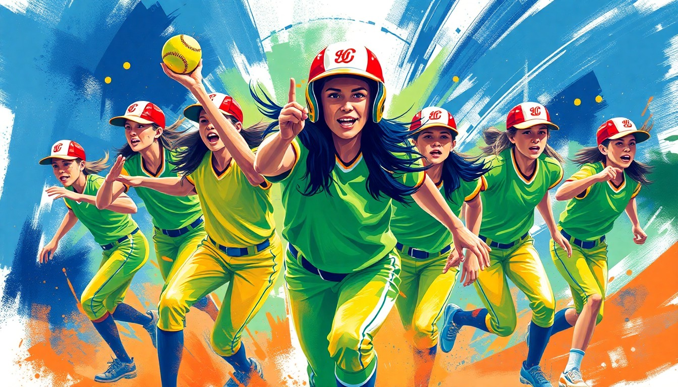 An abstract sports illustration with dynamic brushstrokes and vibrant colors, representing the energy and determination of a high school softball team.