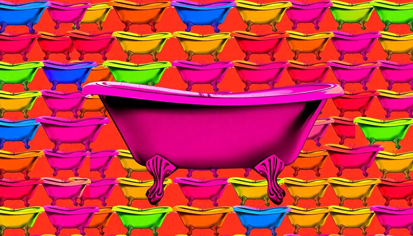 A bold, colorful silkscreen-style illustration depicting a vintage claw-foot bathtub repeated in a grid pattern, representing the repurposing of a historic public bathhouse into a modern private residence.