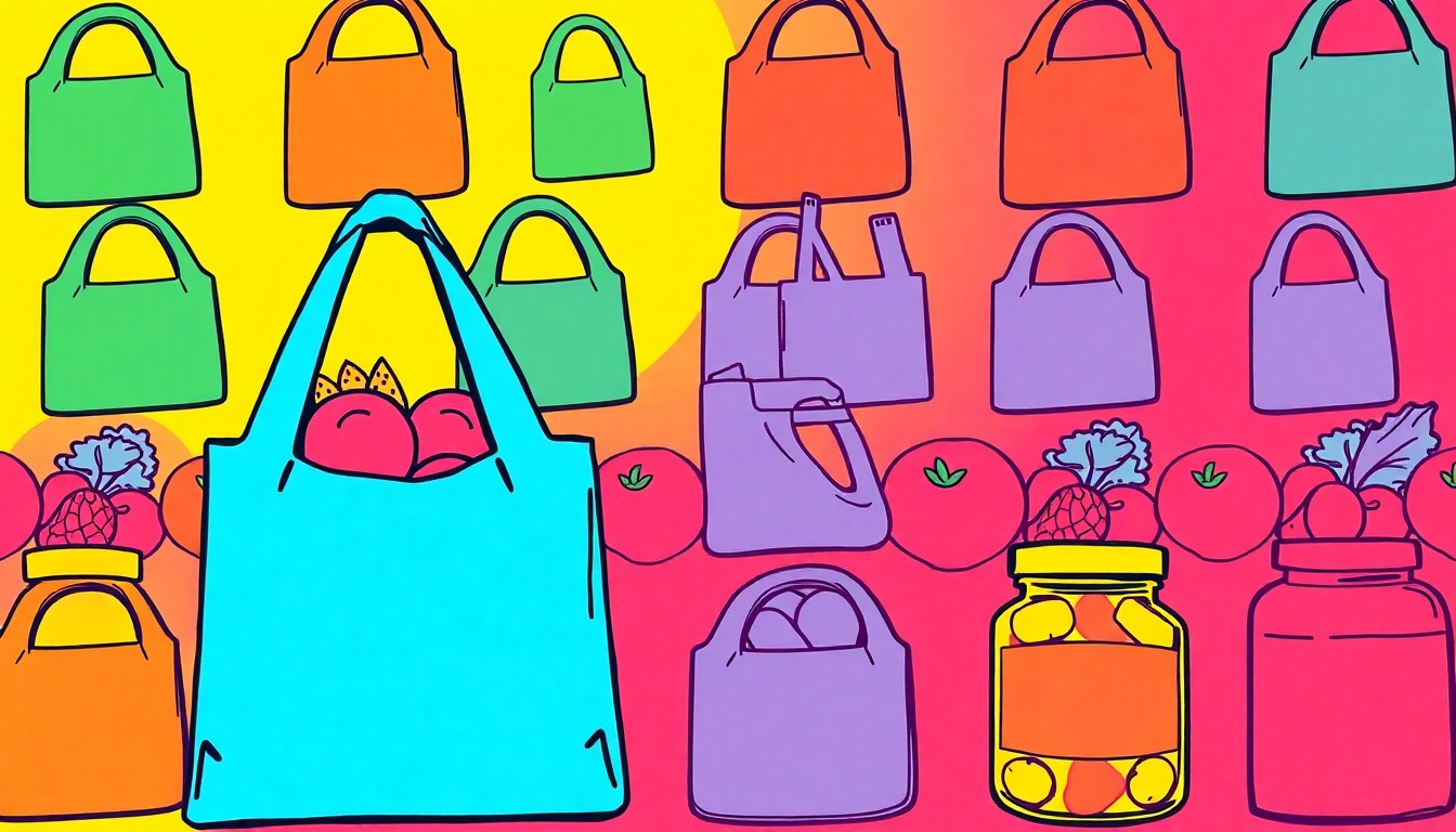 A brightly colored, high-contrast silkscreen print of an iconic reusable grocery bag, repeated in a tight grid pattern, conceptually representing the community-focused values and longevity of Rainbow Grocery Cooperative.