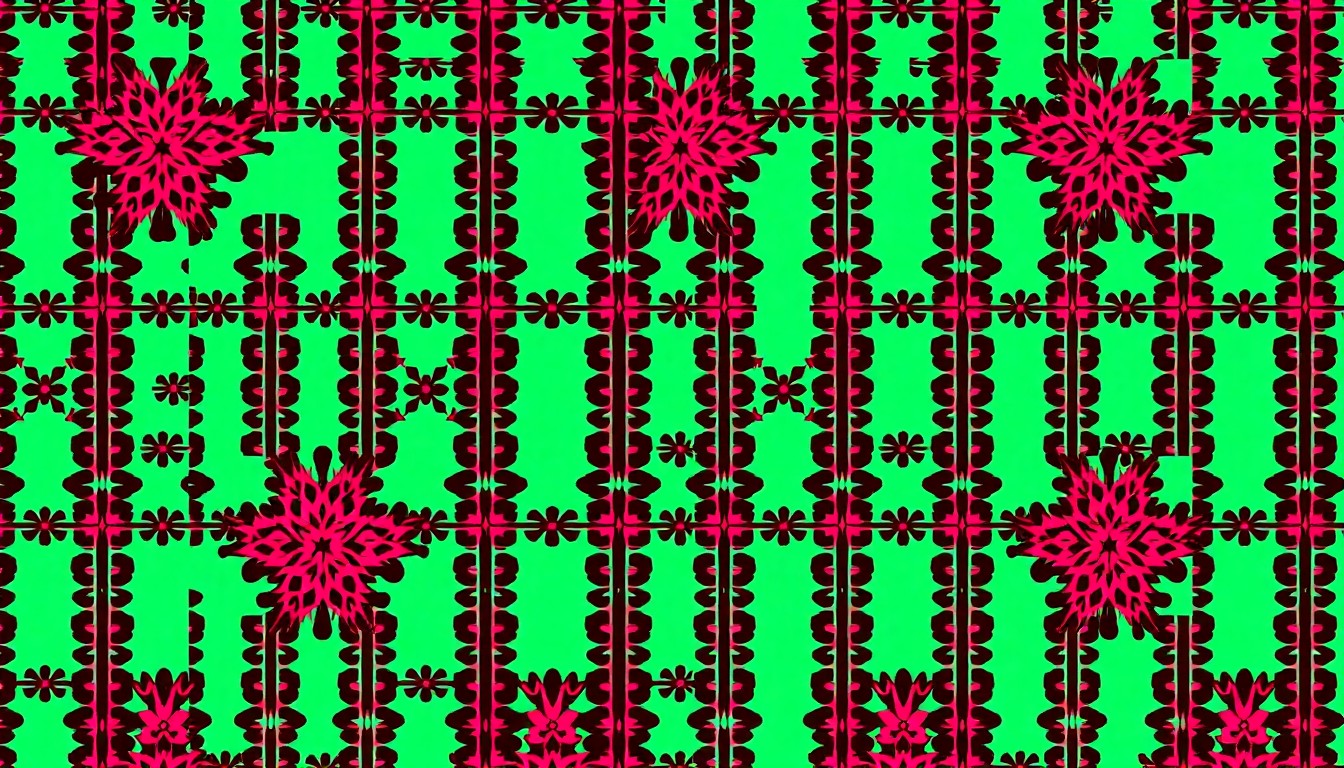 A high-contrast, silkscreen-style illustration featuring a repeating grid of stylized tatreez embroidery patterns in bright, neon-like colors, capturing the cultural significance and artistic beauty of this traditional textile art form.