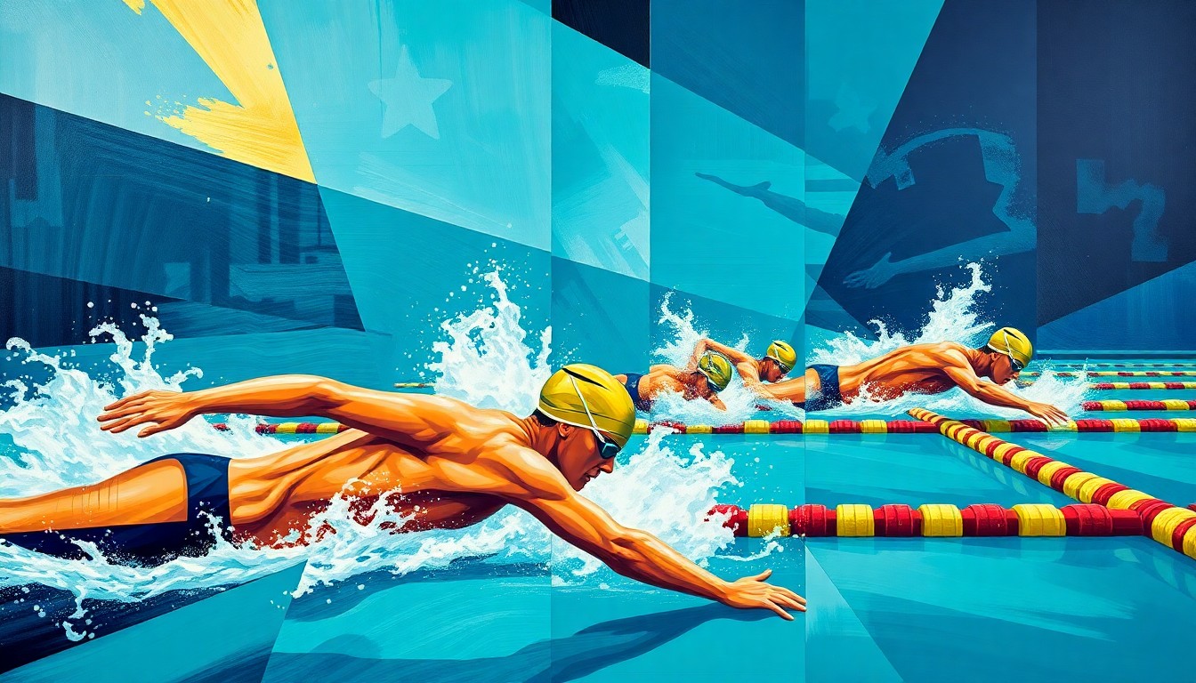A cubist, geometric painting depicting the fluid movements and competition of a swimming race, with sharp planes of teal, navy, and gold overlapping to capture the energy and dynamics of the event.