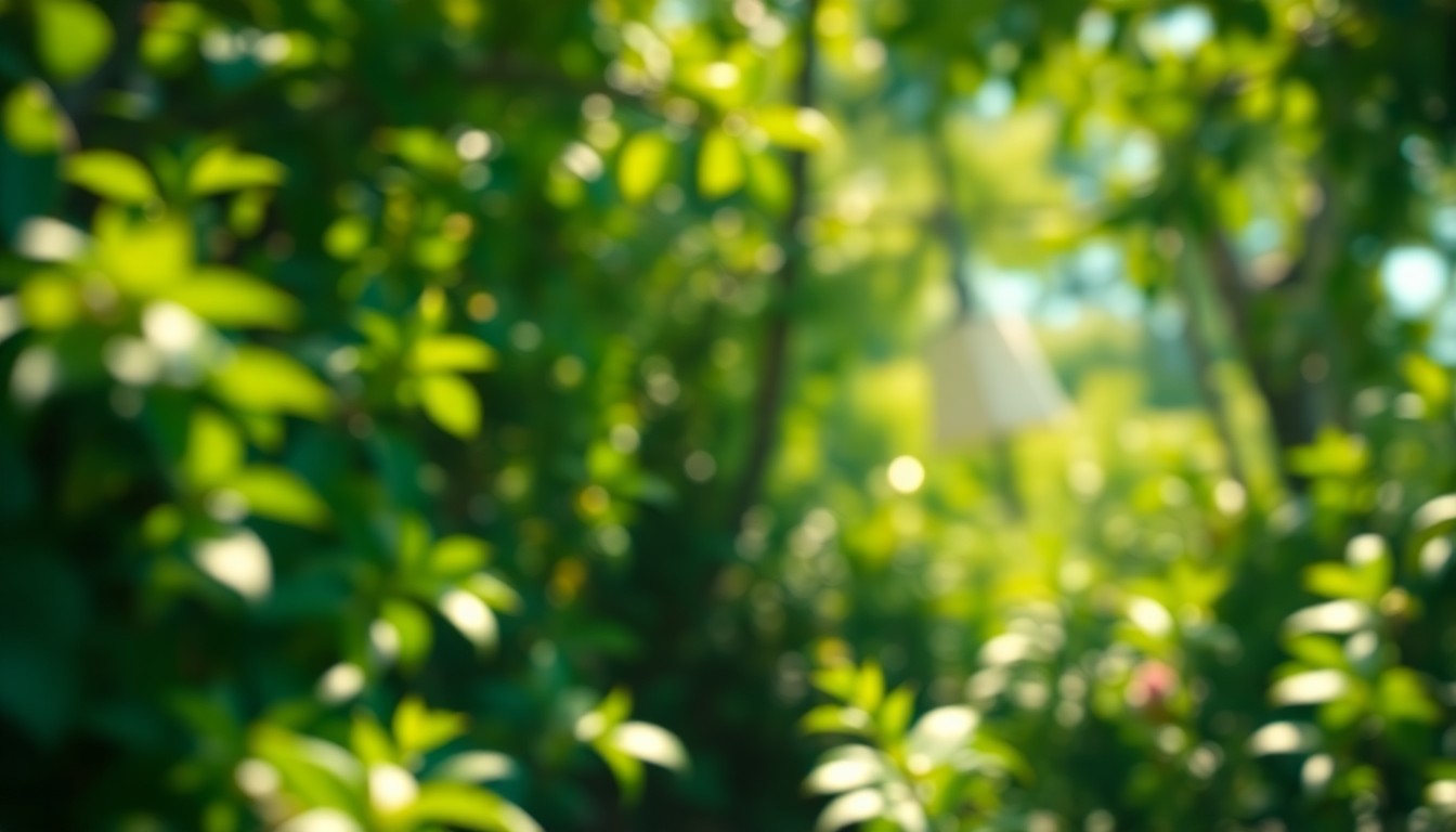 A softly blurred, impressionistic photograph of a lush, green garden scene with dappled sunlight filtering through the leaves, creating a warm, dreamlike atmosphere that evokes the celebratory spirit of the Spring Home Garden Show.