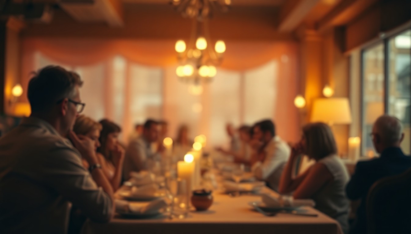 An abstract, out-of-focus photograph depicting the warm, intimate atmosphere of a restaurant, with the main focus being on the soft glow of candlelight and the textures of the tableware and linens, conveying the celebratory mood of a local food festival.
