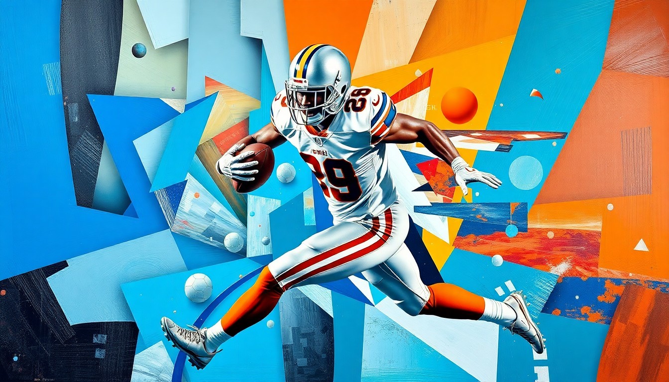 A fractured, multi-perspective painting in bold, geometric shapes and vibrant colors, conceptually representing the dynamic movement and playmaking ability of a top wide receiver prospect.