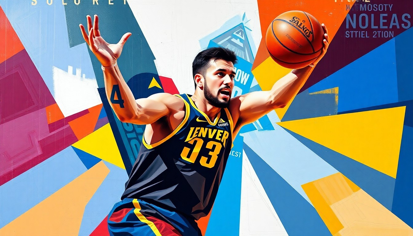 A fractured, geometric painting depicting the dynamic movements and court vision of basketball player Nikola Jokic, with sharp planes of color representing the Nuggets' team palette.