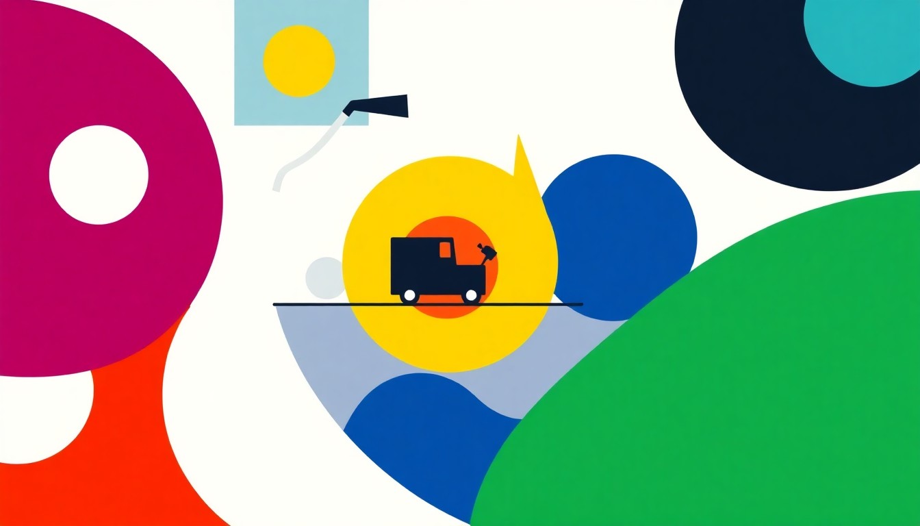 An abstract composition of bold, overlapping geometric shapes in primary colors, conceptually representing the complex factors influencing petrol prices and the need for energy transition in Australia.