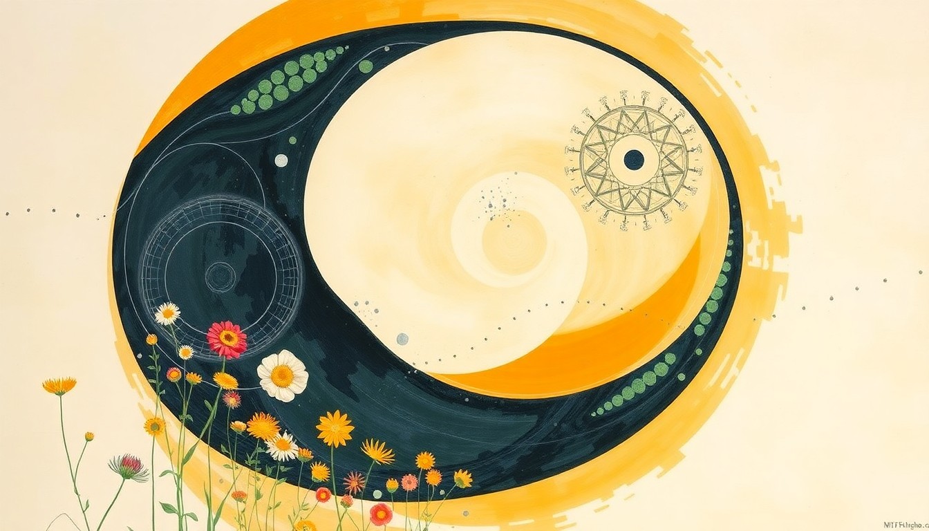 A bold, abstract painting in earthy tones of ochre, sage, and indigo, featuring sweeping geometric arcs, concentric circles, and precise botanical spirals that conceptually represent the natural forces and botanical structures behind the vibrant wildflower superbloom.