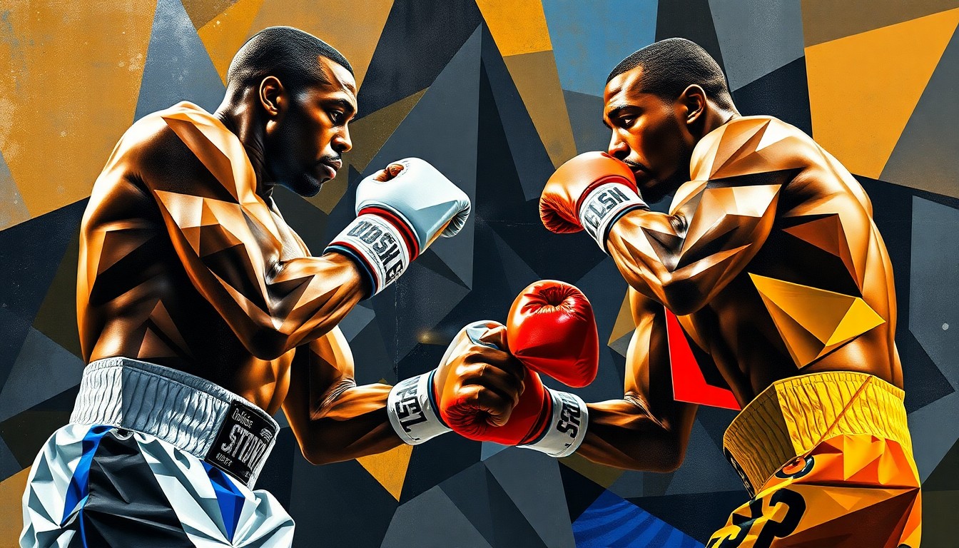 A fractured, geometric painting depicting the abstract forms of two heavyweight boxers engaged in a match, their bodies and movements broken down into sharp, overlapping planes of color and shape.
