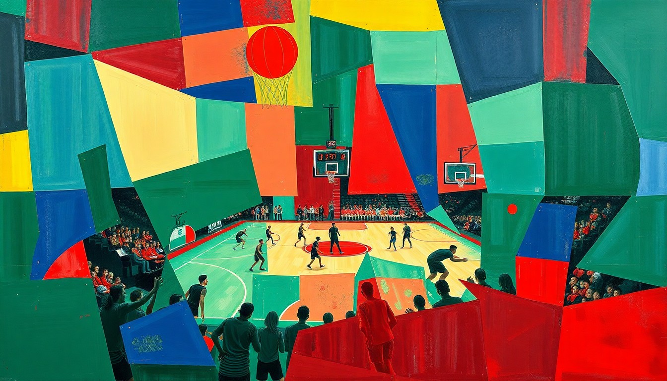 A cubist, geometric painting depicting a high school basketball game, with the players and court fragmented into sharp, overlapping planes of navy, green, and red, conveying the complexity of student-athlete transfer policies.