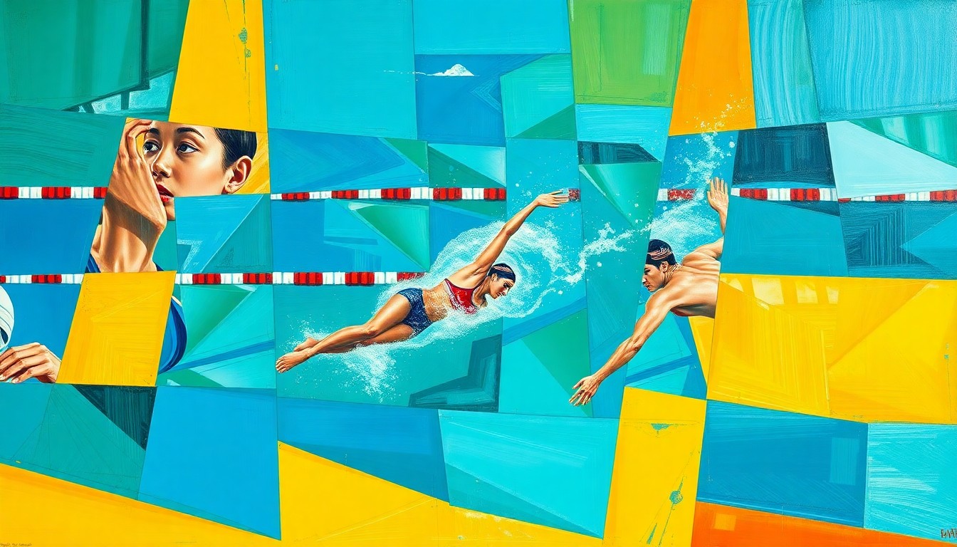 A fractured, multi-perspective painting in a cubist style, breaking down a swimmer's movements into sharp, overlapping geometric planes in vibrant colors like azure blue, emerald green, and golden yellow.