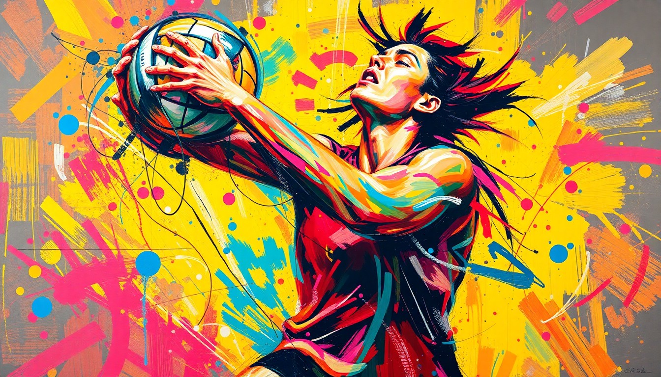 An abstract, energetic painting with vibrant neon brushstrokes and splatters of color capturing the raw emotion and athletic movement of a volleyball player, whose face and details dissolve into the kinetic composition.
