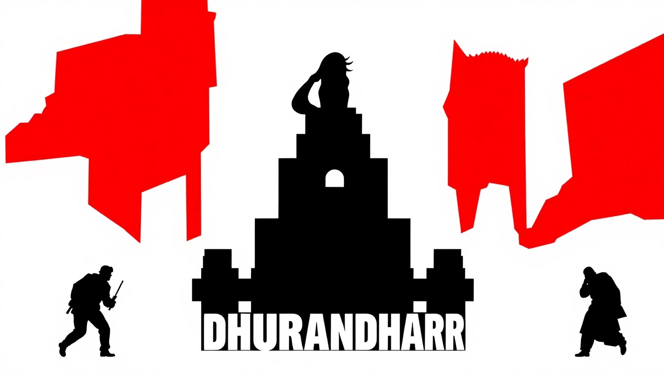 An abstract, minimalist illustration in the style of Saul Bass, featuring bold geometric shapes and silhouettes in high-contrast colors, conceptually representing the grand scale and cross-cultural appeal of the Bollywood blockbuster Dhurandhar 2.