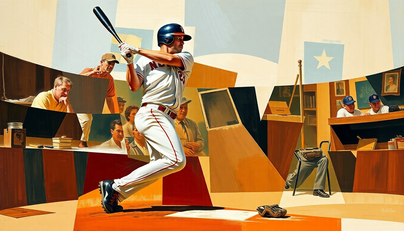 A cubist, geometric painting depicting a baseball player's motion broken down into sharp, overlapping planes of color, representing the complex challenges facing the Toronto Blue Jays due to Springer's injury.