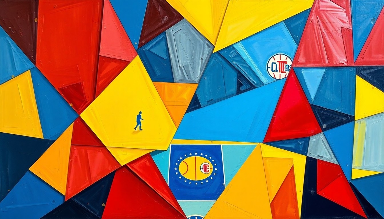 A fractured, multi-perspective painting in bold, vibrant colors depicting the action and energy of a close NBA basketball game, with players and the court broken down into sharp, overlapping geometric shapes and planes.