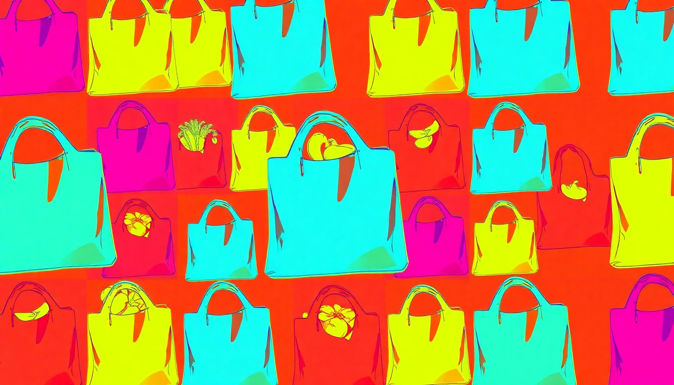 A highly stylized, abstract grid of brightly colored, silkscreened images of various organic grocery items, conceptually representing the diverse product selection and community-focused mission of Rainbow Grocery Cooperative.