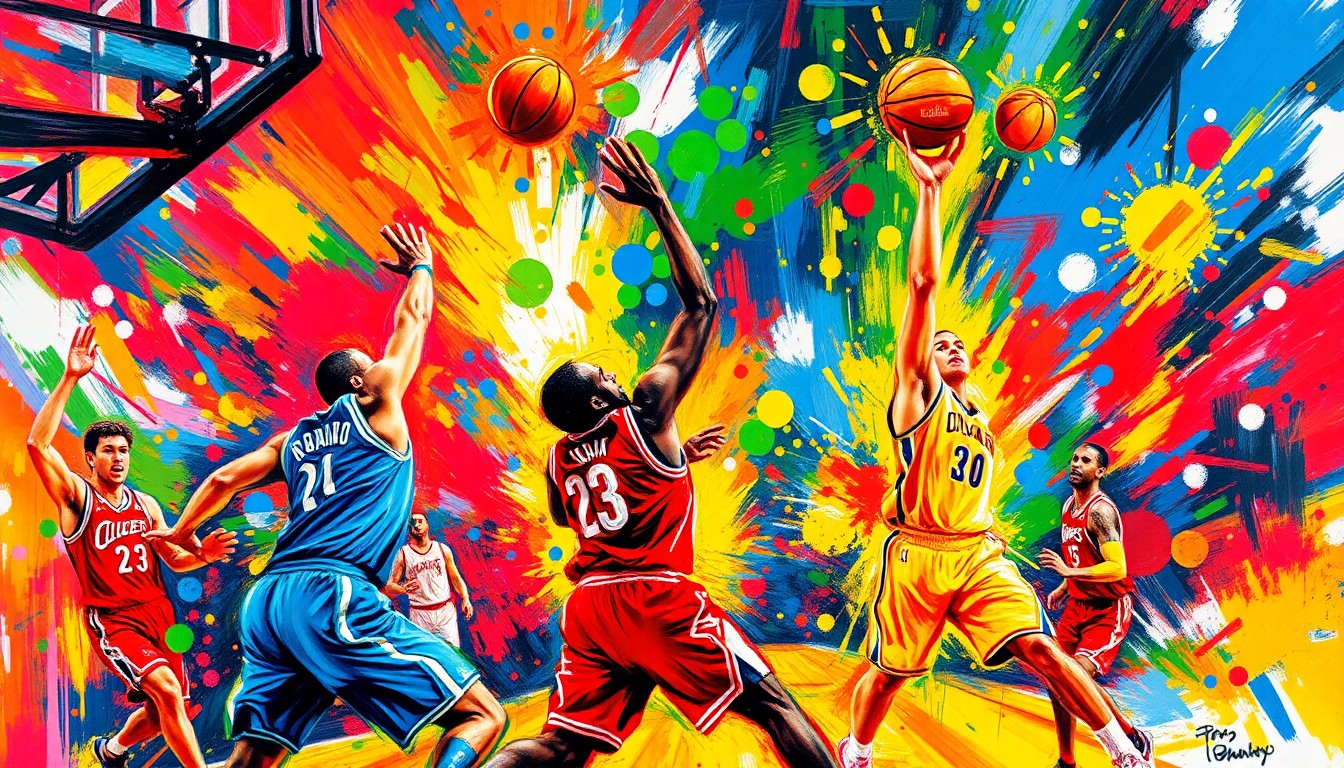 An abstract, expressionist painting featuring bold, neon-colored brushstrokes that capture the dynamic movement and energy of a basketball game, with players' forms blending together in a vibrant, chaotic display.