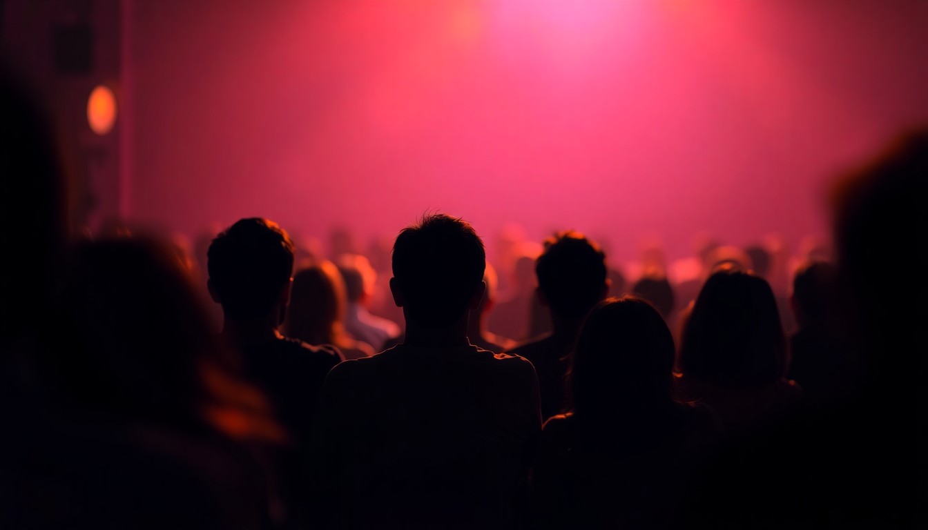 An abstract, out-of-focus scene of people watching a movie in a dimly lit theater, with warm pools of light and color creating a dreamlike, atmospheric quality.