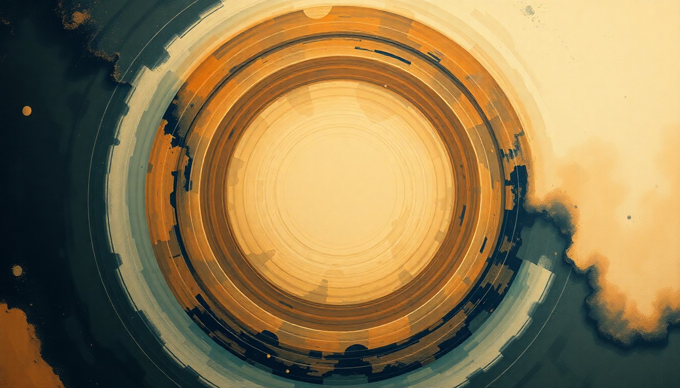 A bold, abstract painting in muted earth tones depicting sweeping geometric arcs, concentric circles, and intersecting waveforms, conveying the structural order of atmospheric and electromagnetic forces in the sky.