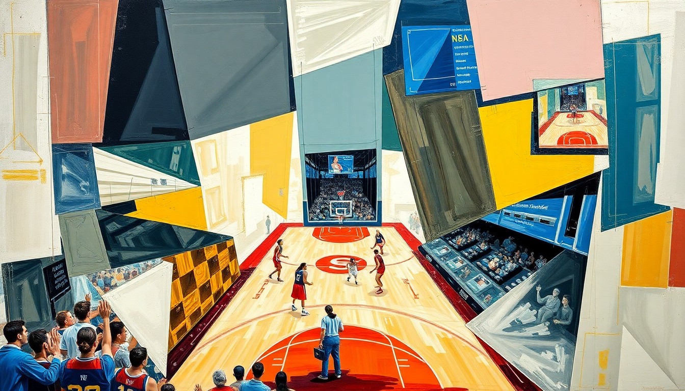 A cubist, geometric painting depicting a WNBA basketball game or match, with the players and court broken down into sharp, overlapping shapes and planes of color, capturing the dynamic energy of the sport.