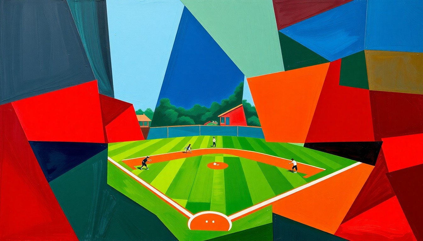 A fractured, multi-perspective painting in Picasso's cubist style, breaking down a softball game into sharp, overlapping geometric planes in navy, green, and red, conveying the dynamic energy of the sport.