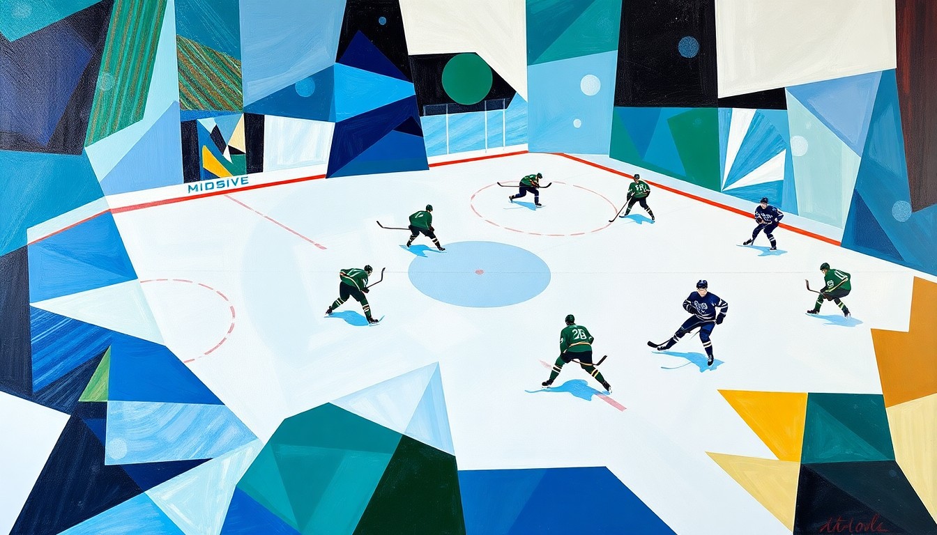 A cubist, geometric painting depicting a hockey game, with the players and ice reduced to angular, fragmented shapes in a vibrant color palette, conveying the uncertainty and difficulty of the Sharks' playoff situation.