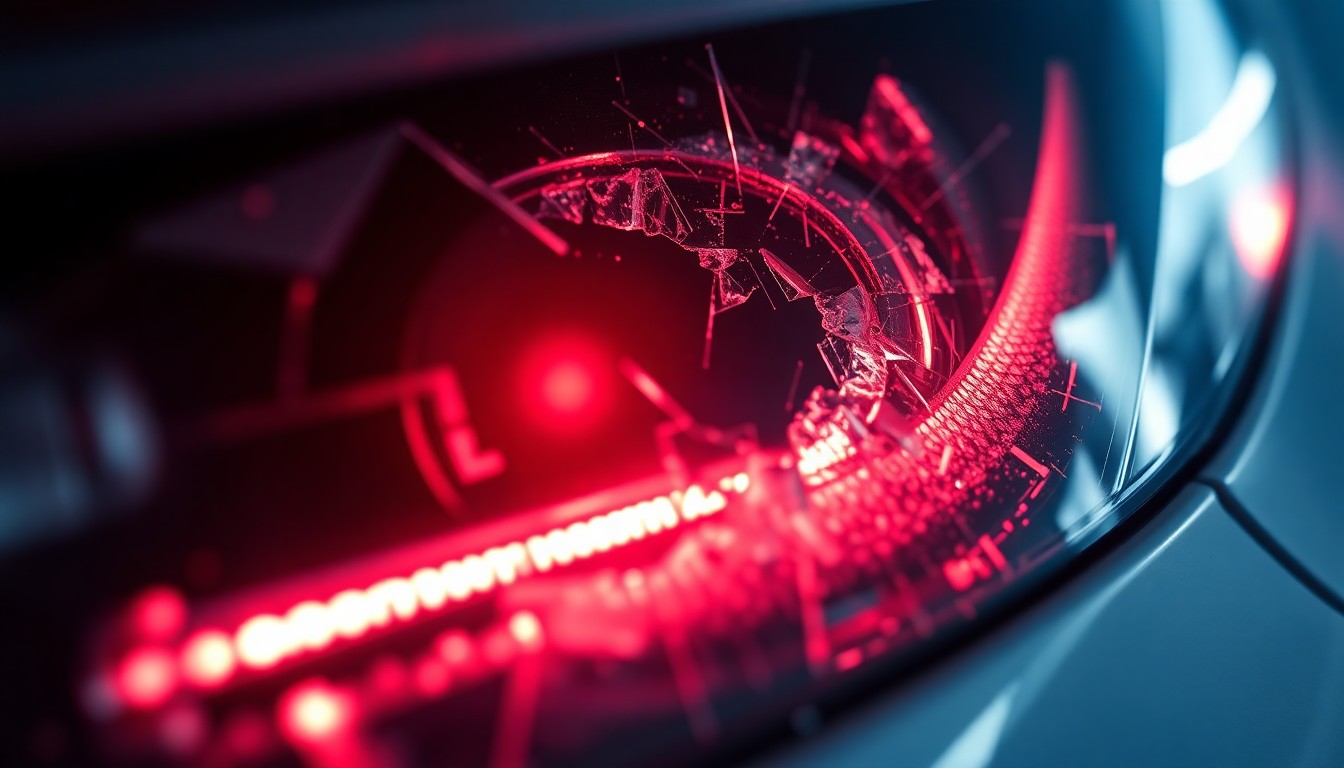 An extreme close-up of a shattered car sensor lens reflecting a faint red light, conceptually illustrating the vandalism of self-driving cars.