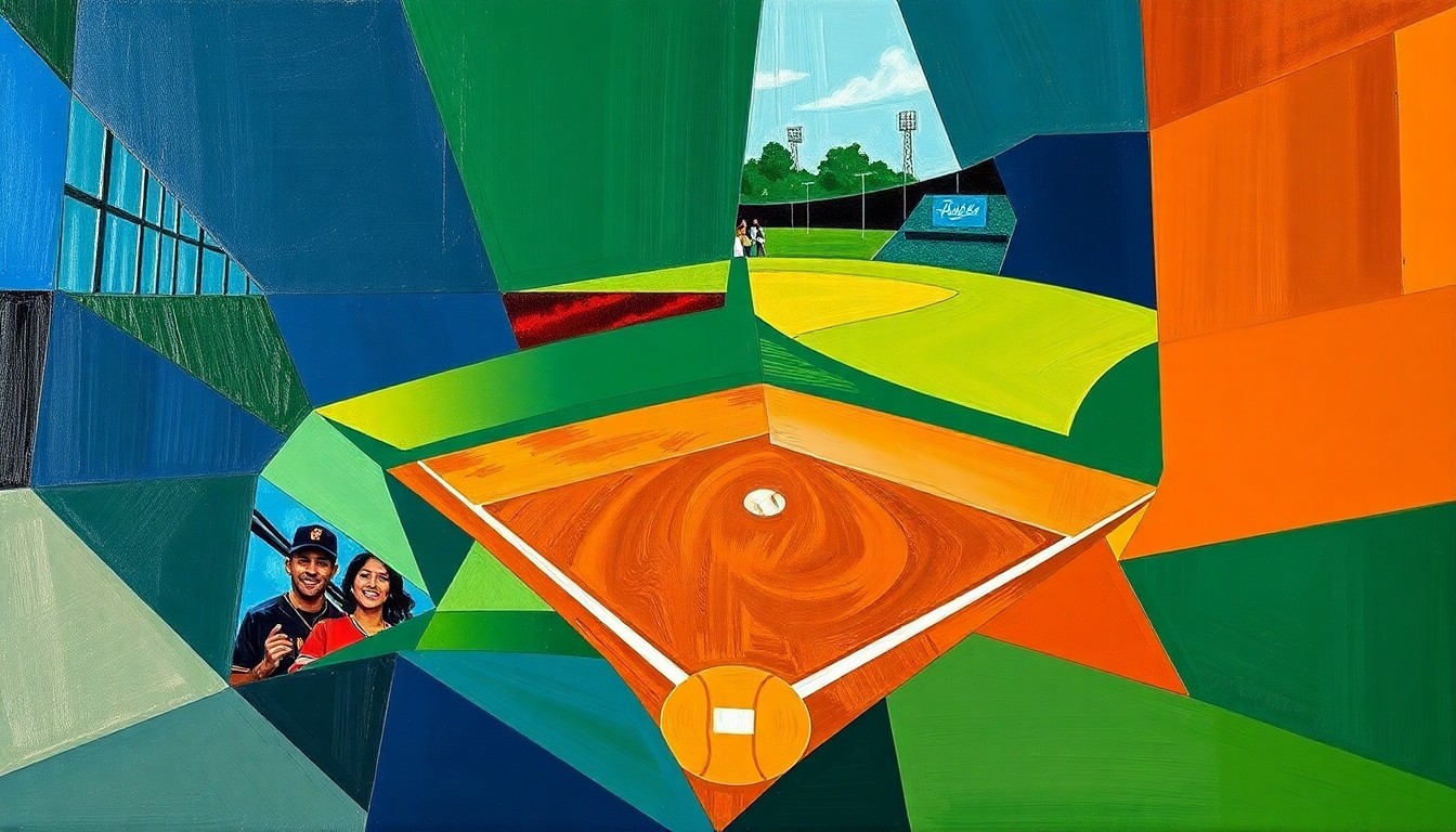 A fragmented, geometric painting depicting the dynamic movements and energy of a softball game, with sharp planes of navy, green, and orange intersecting to create a sense of motion and intensity.